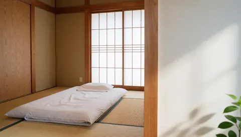 A tranquil shiatsu therapy space featuring a white futon on tatami mats, wooden walls, and shoji screens with natural light