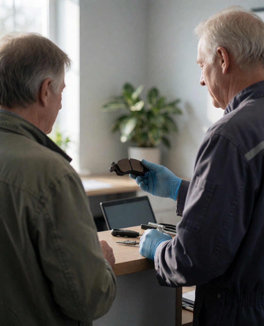 Mechanic in blue gloves displays a disc brake to a client in a bright reception area with plants and natural light.