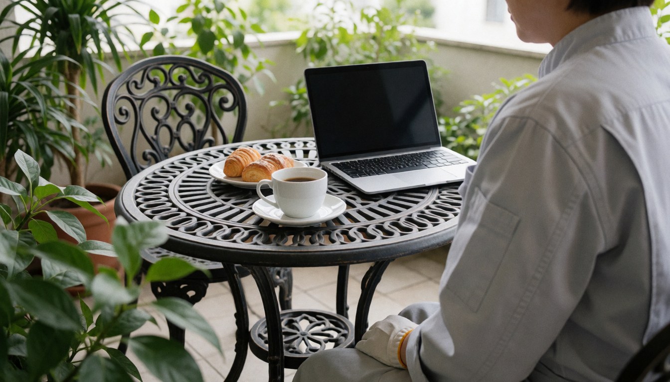 Person working on a wrought iron table with laptop, coffee, and pastries, ideal for a bed and breakfast