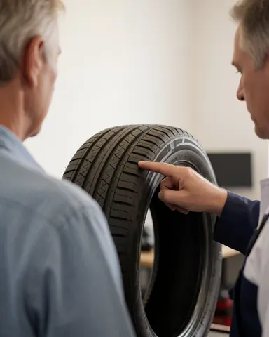 Mechanic points to the tread pattern on a new motorcycle tire while explaining details to a customer in a repair shop.