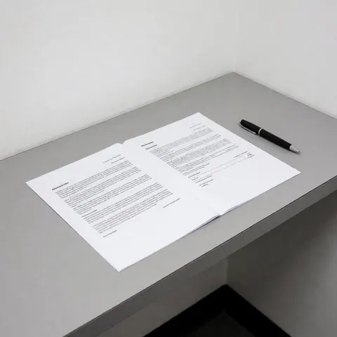 Open lease agreement on a gray laminate desk with a black pen beside it in an office with white walls and fluorescent lighting
