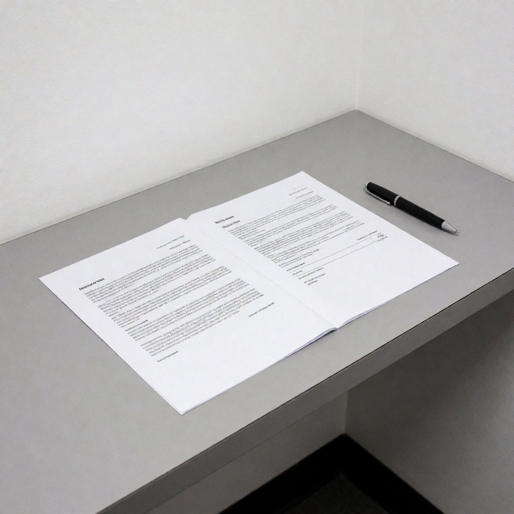 Open lease agreement on a gray laminate desk with a black pen beside it in an office with white walls and fluorescent lighting