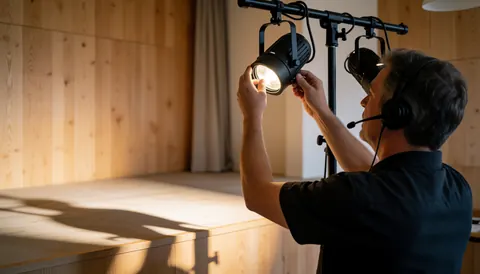 A theater technician adjusts a stage spotlight in a room with wooden walls and curtains.