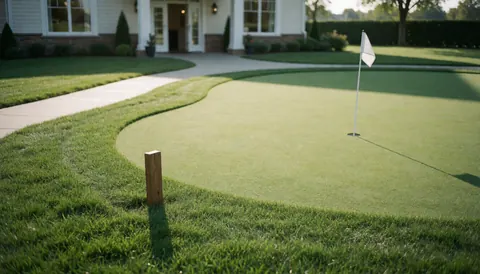 Golf green featuring a white flag and wooden marker, with a paved path and clubhouse entrance in the background.