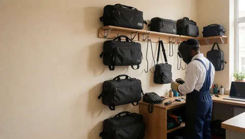 Bicycle repair workshop featuring hanging tool bags on a beige wall with a technician working at a workbench under natural light