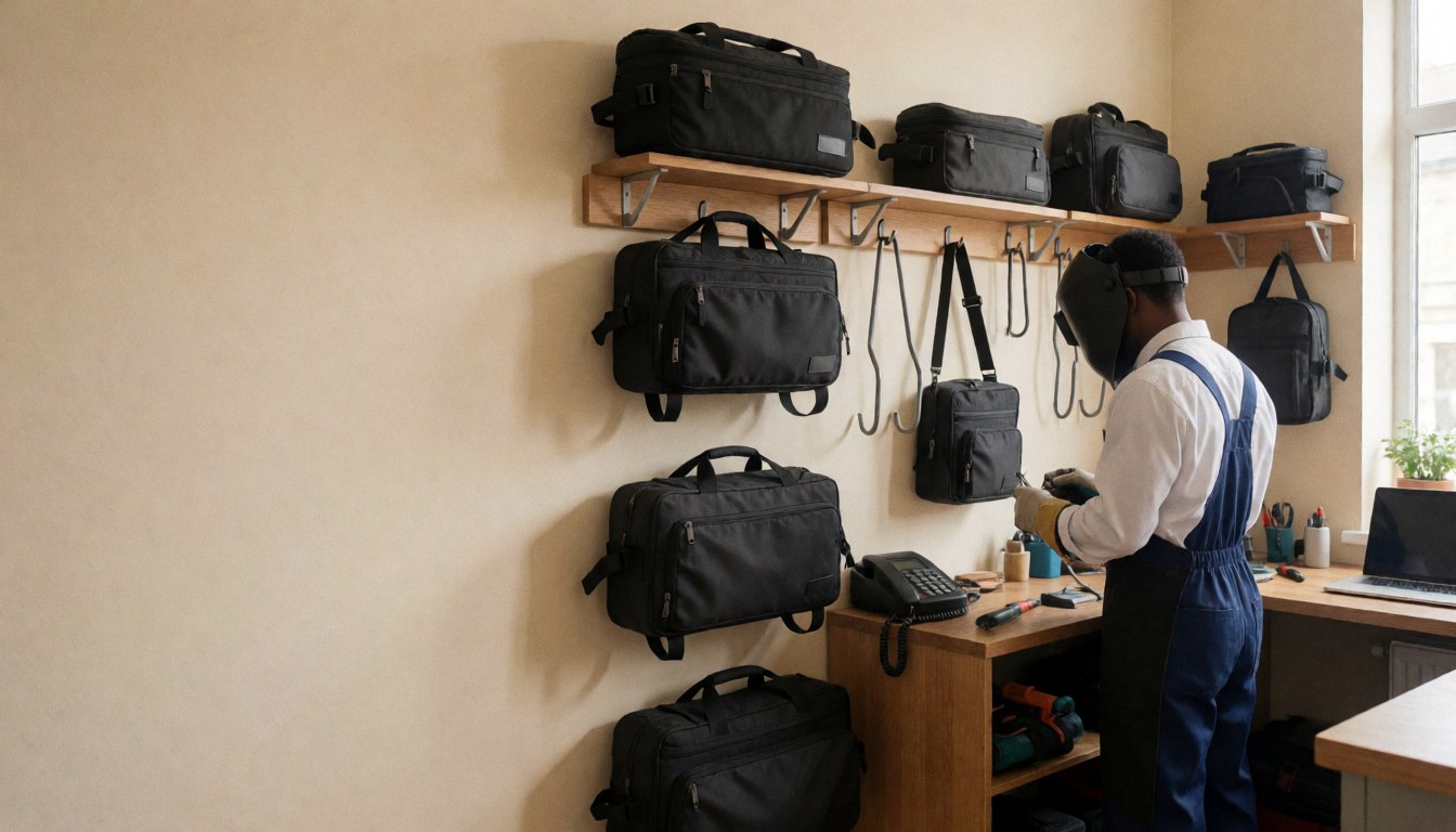 Bicycle repair workshop featuring hanging tool bags on a beige wall with a technician working at a workbench under natural light