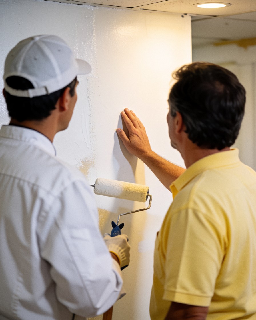 A painter with a roller and a client in a yellow shirt review a newly painted white wall in a warm, professional setting.