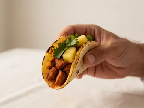 A hand holding a grilled pastor taco topped with pineapple and cilantro on a white surface, suitable for resort dining or food product imagery