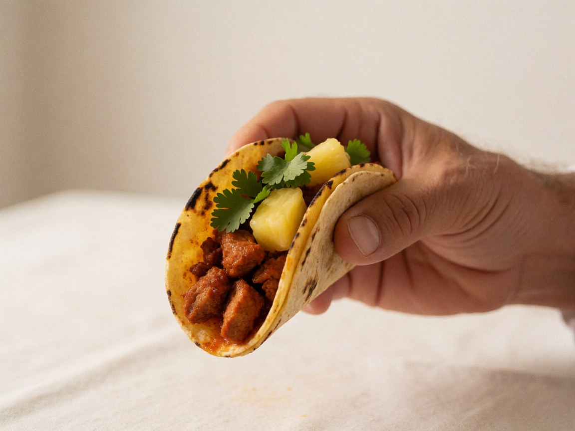 A hand holding a grilled pastor taco topped with pineapple and cilantro on a white surface, suitable for resort dining or food product imagery
