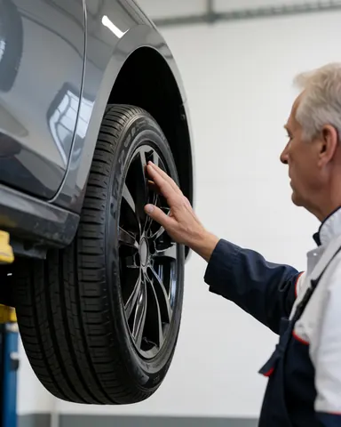 Mechanic checking a car tire in a workshop with industrial lighting and white walls, suitable for auto accessory business