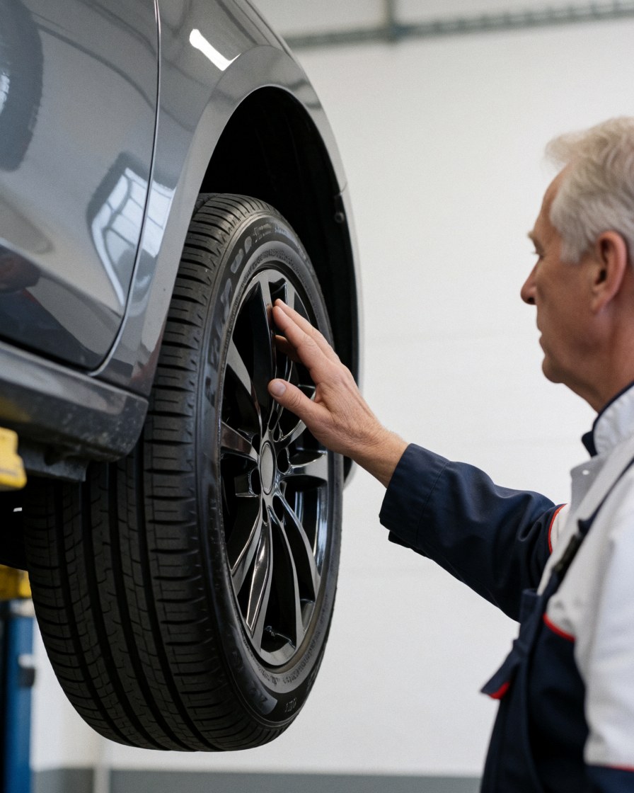 Mechanic checking a car tire in a workshop with industrial lighting and white walls, suitable for auto accessory business