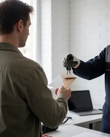 A locksmith wearing a glove hands over keys and an envelope to a customer in a workshop with a white brick wall.