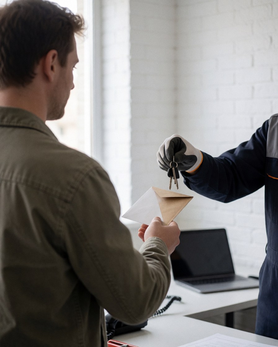 A locksmith wearing a glove hands over keys and an envelope to a customer in a workshop with a white brick wall.