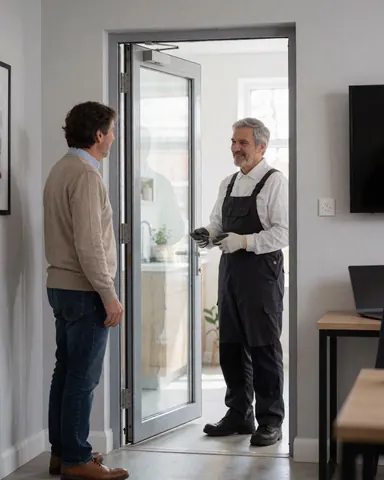 Technician in uniform installs a glass door in a modern home while a client observes the work in a bright, tidy interior.