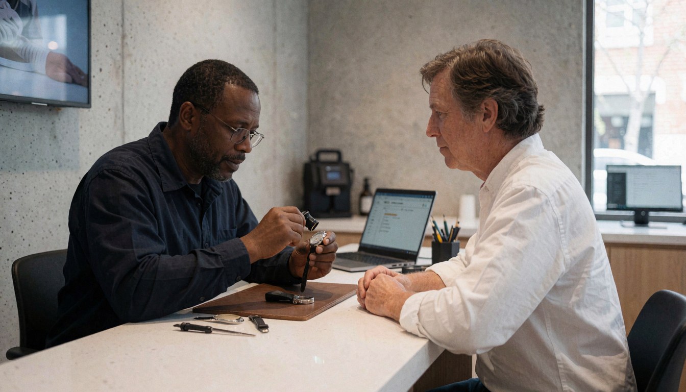 A watchmaker examines a timepiece with a loupe while a customer watches attentively in a modern workshop.