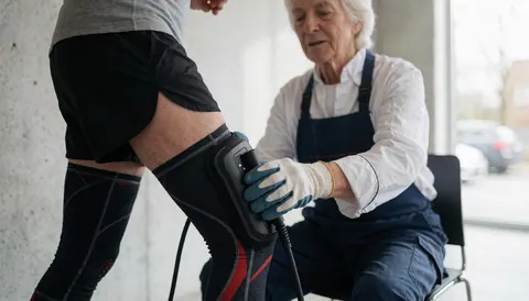 Athletic trainer applying a compression sleeve to an athlete's leg at a training facility with concrete walls.