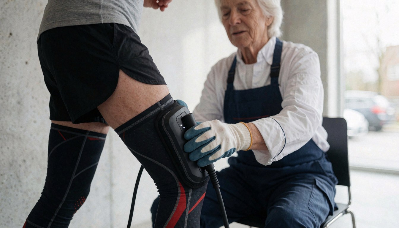 Athletic trainer applying a compression sleeve to an athlete's leg at a training facility with concrete walls.