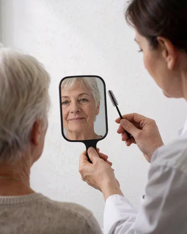 A beauty professional applies makeup to a senior client using a mirror and tools in a salon setting.