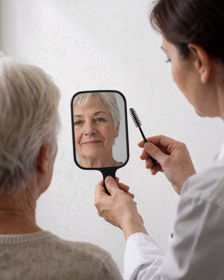 A beauty professional applies makeup to a senior client using a mirror and tools in a salon setting.