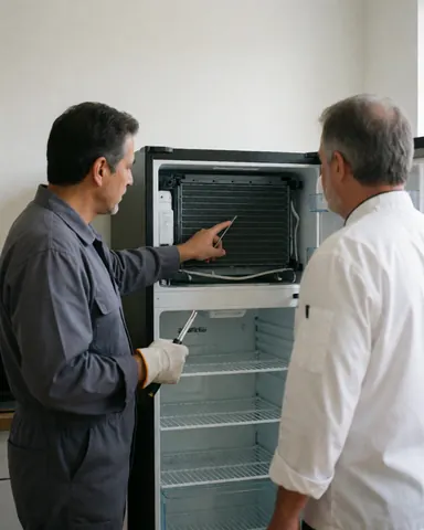 Technician explaining maintenance of a clean condenser to a client in a kitchen with an open refrigerator