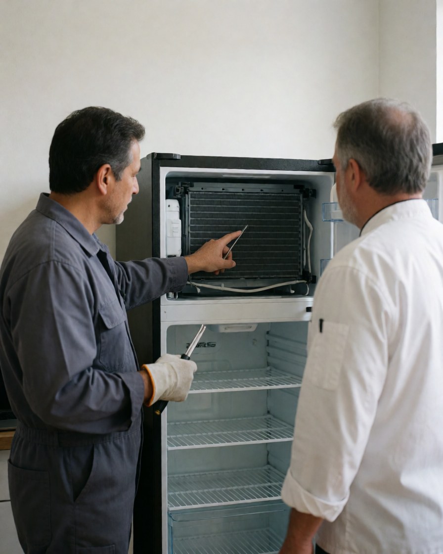 Technician explaining maintenance of a clean condenser to a client in a kitchen with an open refrigerator
