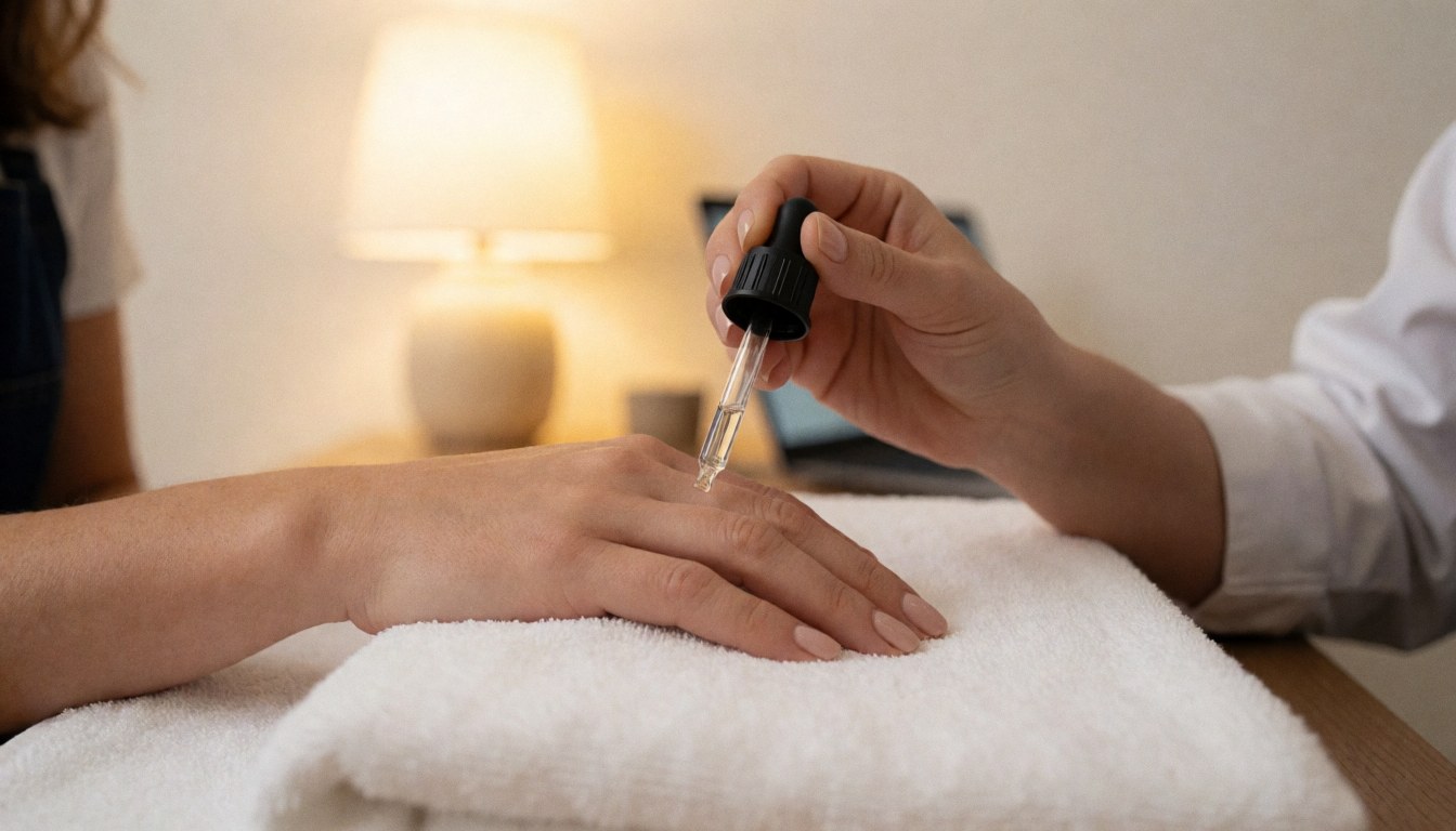 Close-up of a manicurist applying oil to cuticles on a hand resting on a white towel in a salon