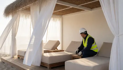 Worker in safety gear arranging wooden furniture inside a beach cabana with white curtains and morning light