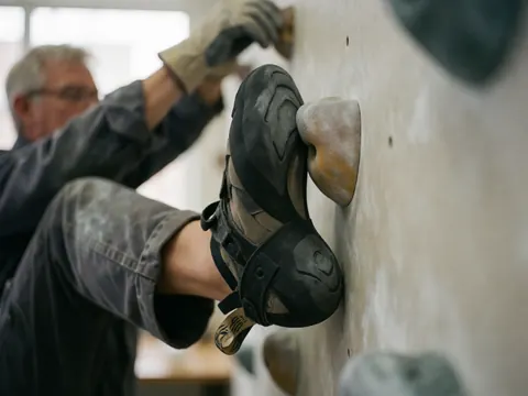 Worn climbing shoe on a wall hold with a gloved hand and tense leg during training