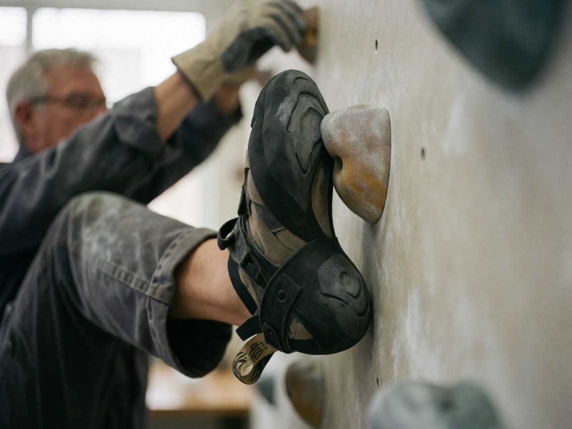 Worn climbing shoe on a wall hold with a gloved hand and tense leg during training