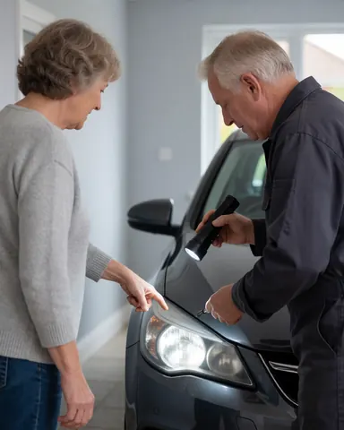 A customer points to a restored car headlight while a technician shines a flashlight on it in a home garage.