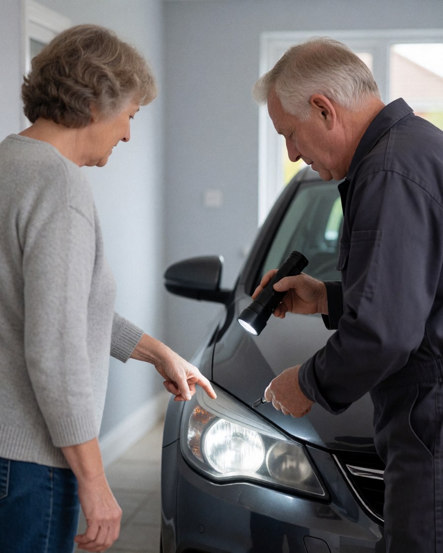 A customer points to a restored car headlight while a technician shines a flashlight on it in a home garage.