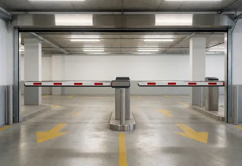 Metal parking barriers raised above concrete floor with yellow directional arrows painted on the ground at a commercial garage entrance