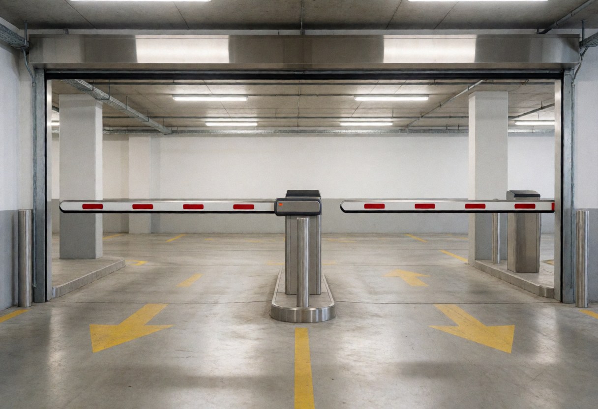 Metal parking barriers raised above concrete floor with yellow directional arrows painted on the ground at a commercial garage entrance
