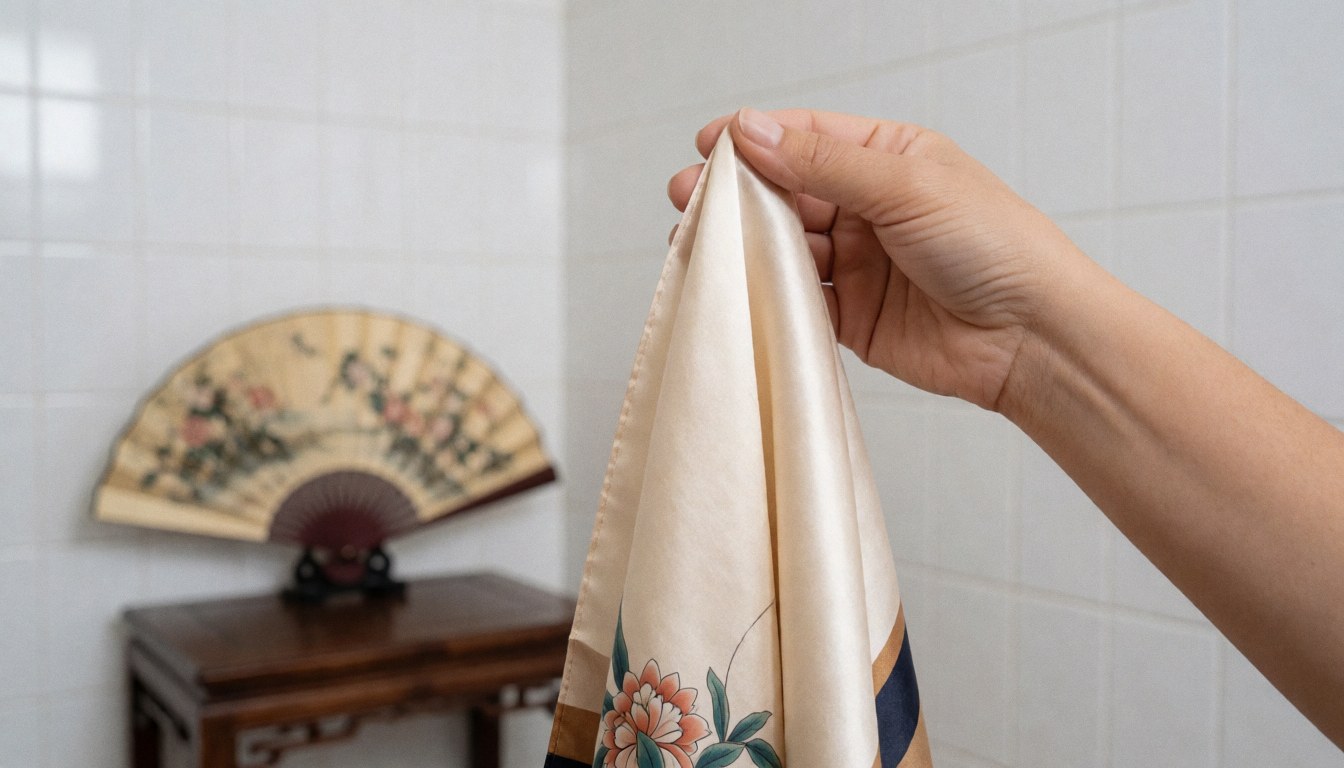 Close-up of a hand holding a floral silk handkerchief against a background of white tiles and a decorative fan.
