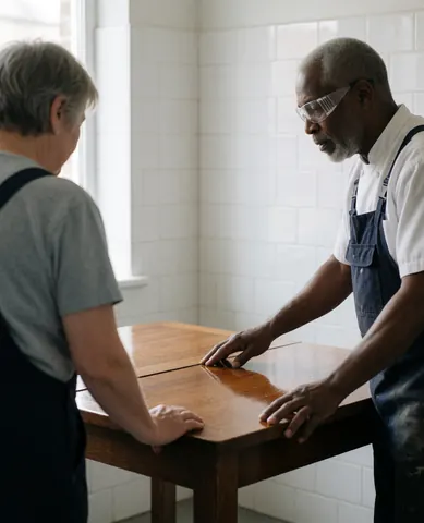 Carpenter with safety glasses explains care of a polished wooden table to a client in a workshop with white tiled walls.