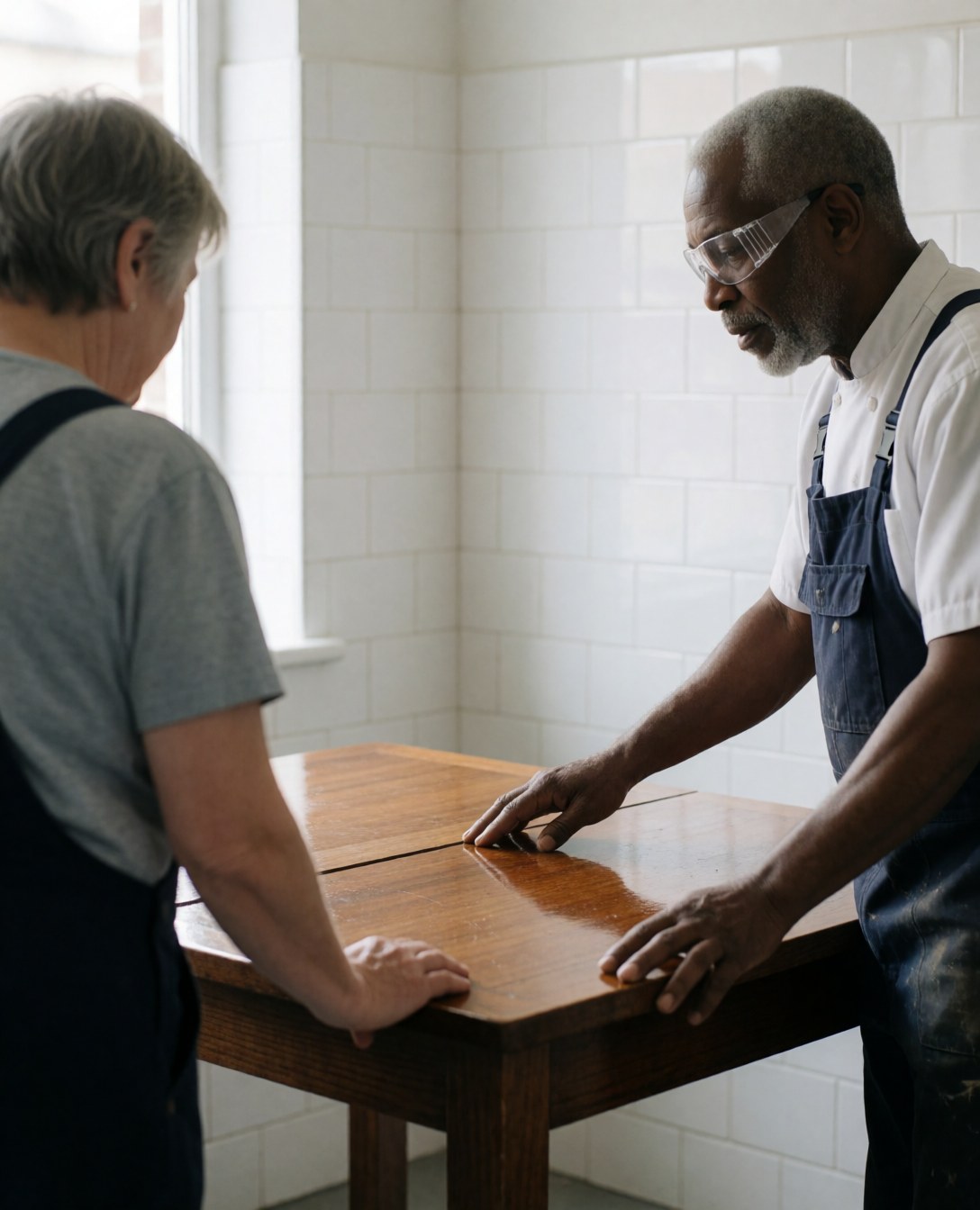 Carpenter with safety glasses explains care of a polished wooden table to a client in a workshop with white tiled walls.