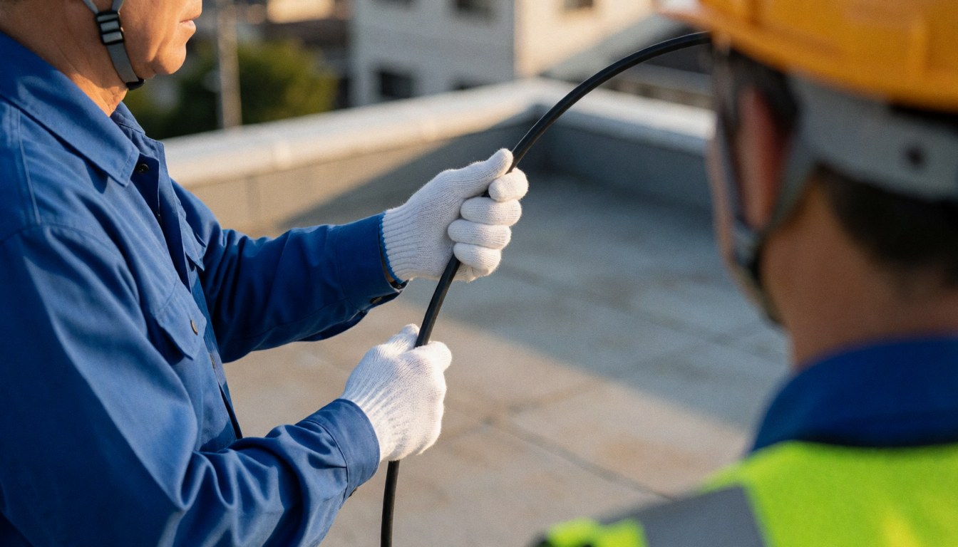 Technician wearing safety helmet and gloves installing coaxial cable on a residential building roof
