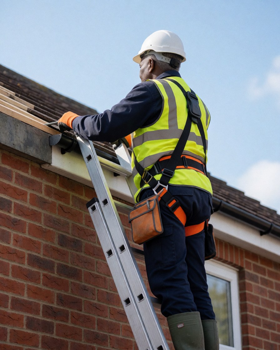 A mason wearing a helmet and safety vest works on the edge of a brick roof under a clear blue sky.