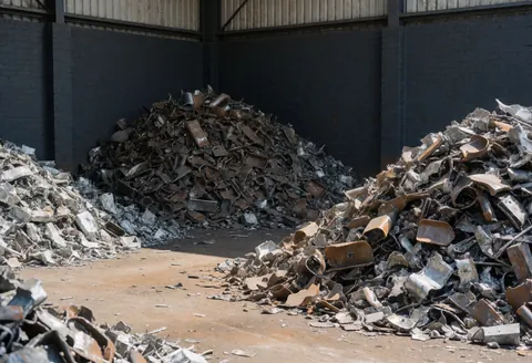 Wide view of a recycling yard with large piles of crushed metal, dark walls, and dirt ground under bright sunlight.