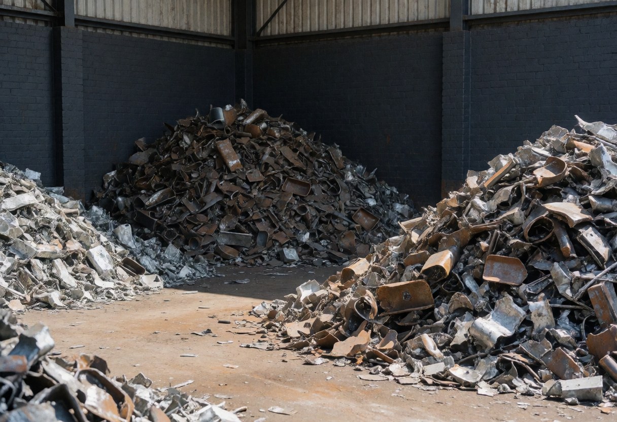 Wide view of a recycling yard with large piles of crushed metal, dark walls, and dirt ground under bright sunlight.