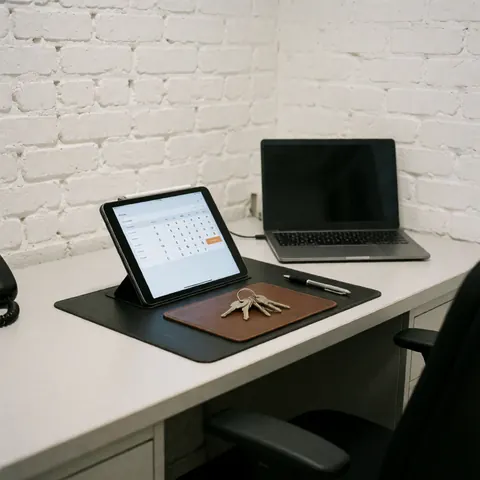 Office desk featuring a tablet displaying a loan calculator, car keys on a leather mat, laptop, and white brick wall for vehicle sales.
