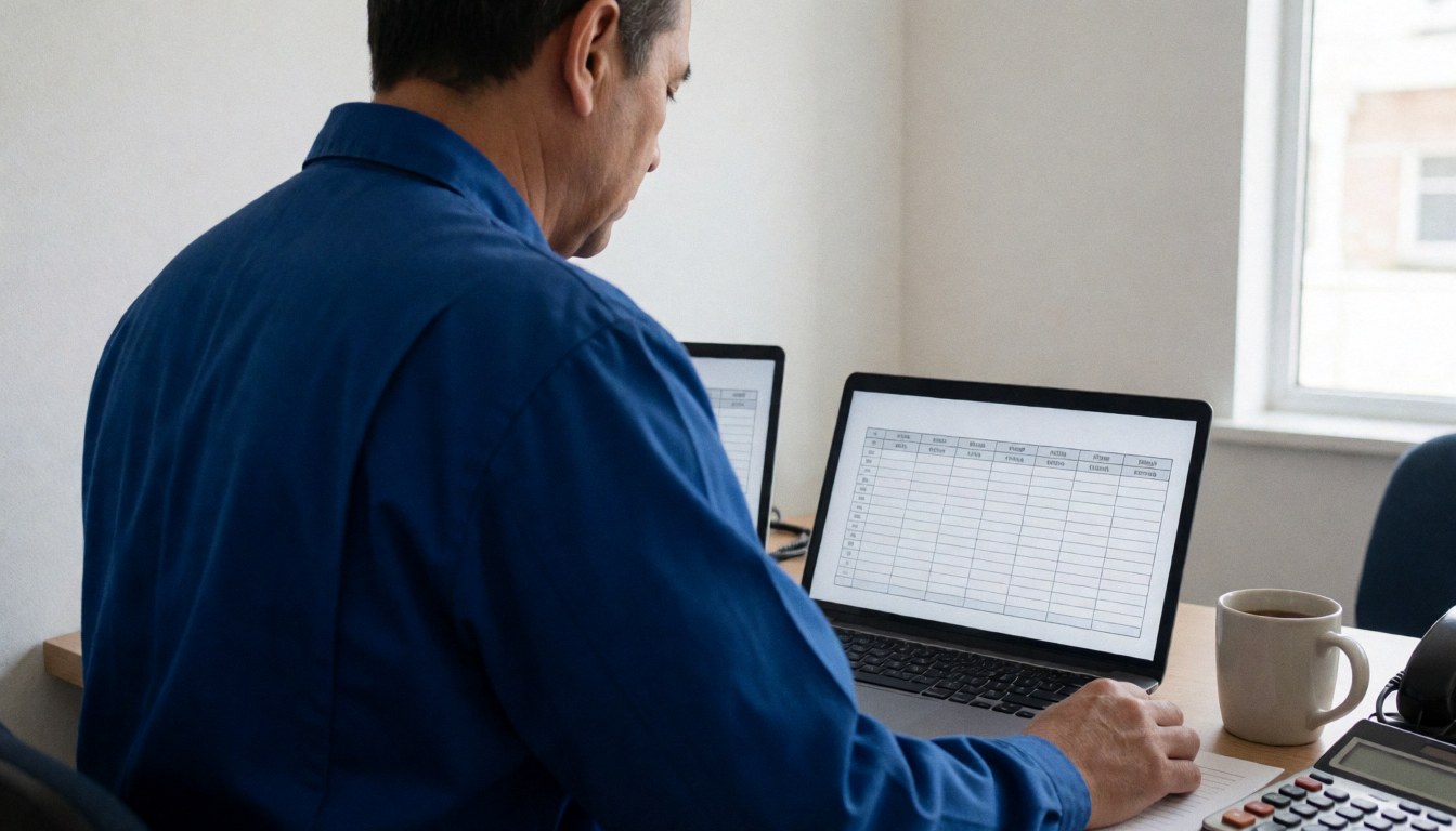 Heating repair technician in blue uniform checks a work order on a laptop with a calculator and coffee mug on a clean desk near a window.