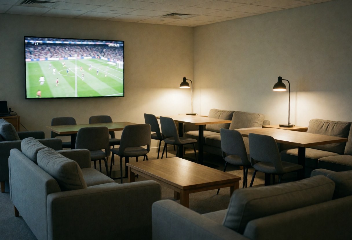 Modern interior featuring gray sofas, wooden tables, and a large wall-mounted TV displaying a soccer match, ideal for a sports club lounge.