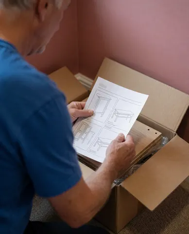A customer reviews the assembly manual for a wooden table inside an open box in a room with pink walls.