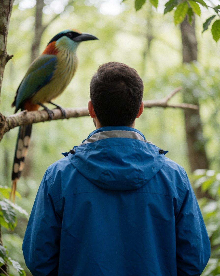 A man stands with his back to the camera, watching a colorful exotic bird perched on a branch in a lush green forest.