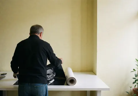 A photographer unrolls a large black and white poster on a white table in a studio with yellow walls