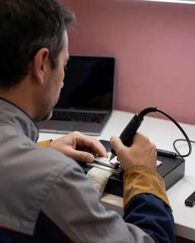 A professional engraver working on a metal USB drive on a white table with a pink wall and visible engraving tool