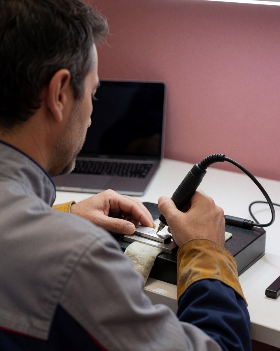 A professional engraver working on a metal USB drive on a white table with a pink wall and visible engraving tool