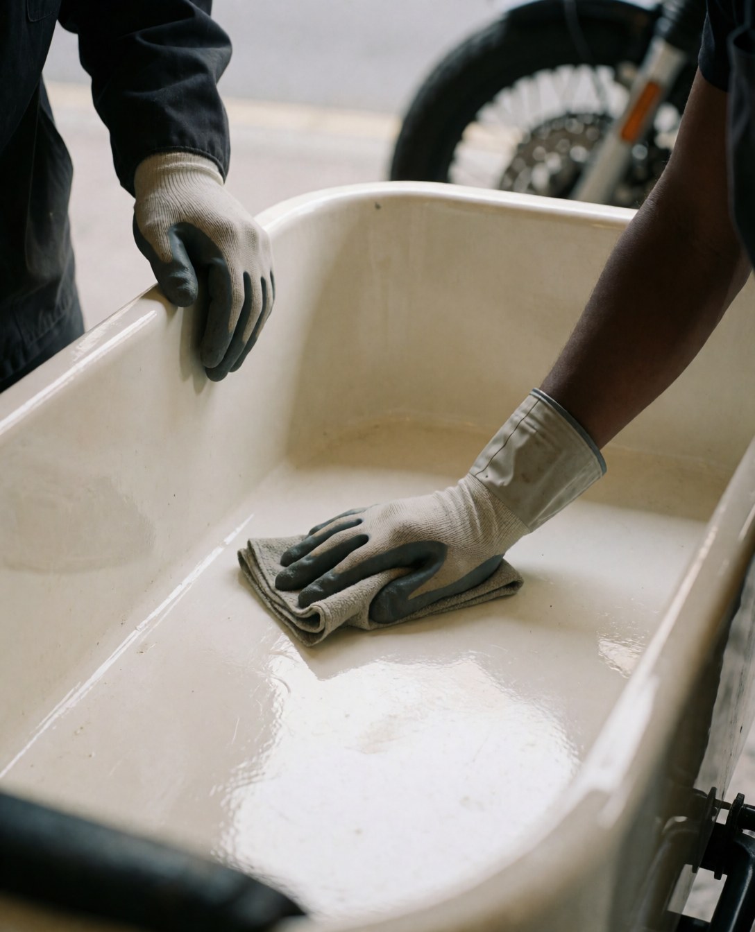 A gloved hand wiping the shiny interior of a motorcycle sidecar to demonstrate professional cleaning service for motorbike taxis
