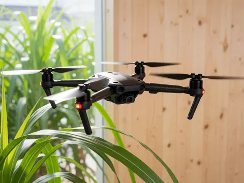 Close-up view of a drone with spinning propellers flying above green sugarcane leaves with light wood wall in background